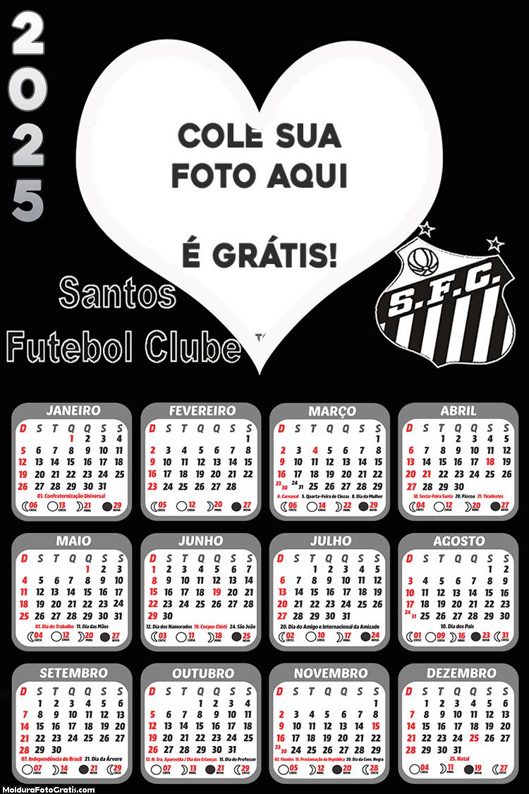 Calendário Santos Futebol Clube 2025 Colagem de Foto