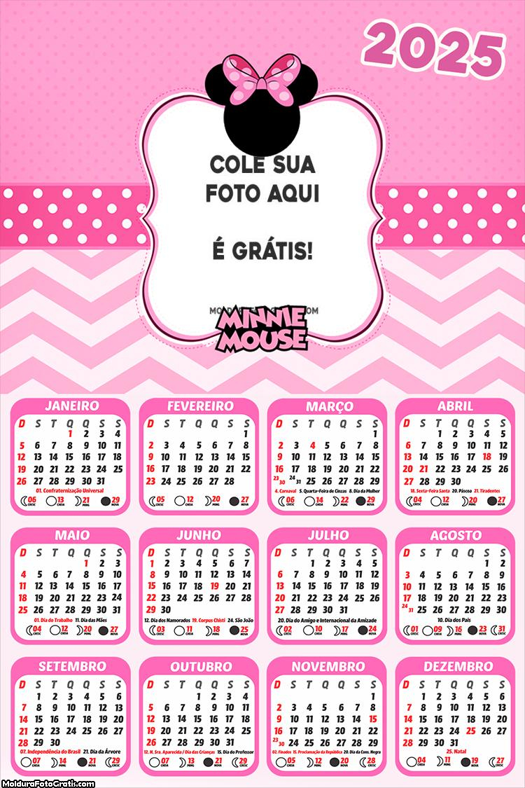 Calendário Minnie Mouse Tema 2025 Montagem Grátis