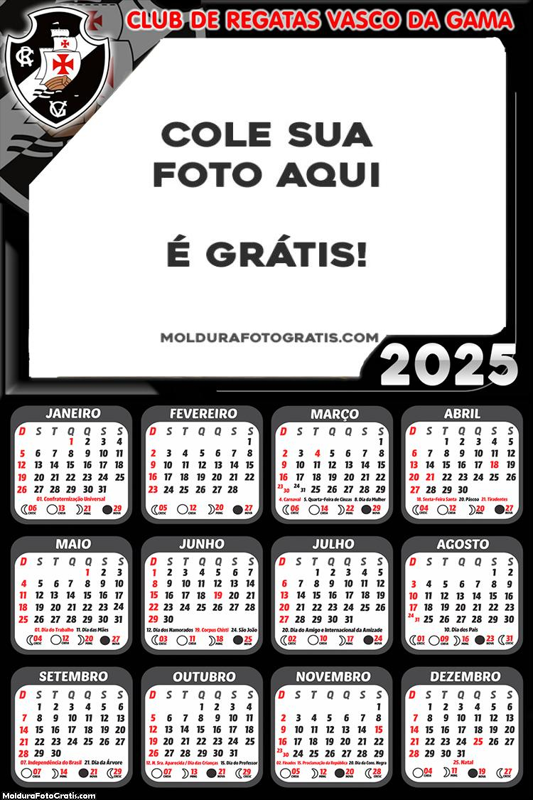 Calendário do Vasco da Gama Futebol 2025 Foto Montagem