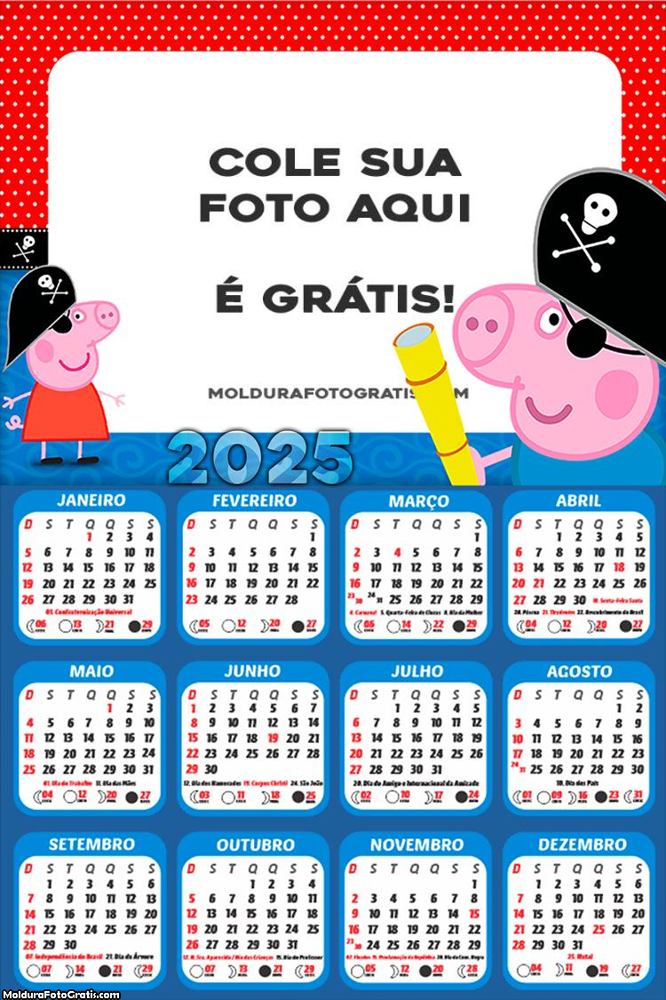 Calendário George Piratinha Peppa Pig 2025 Foto Montagem