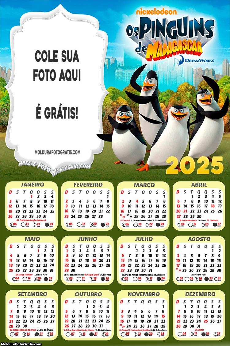 Calendário Pinguins de Madagascar 2025 Montagem Grátis