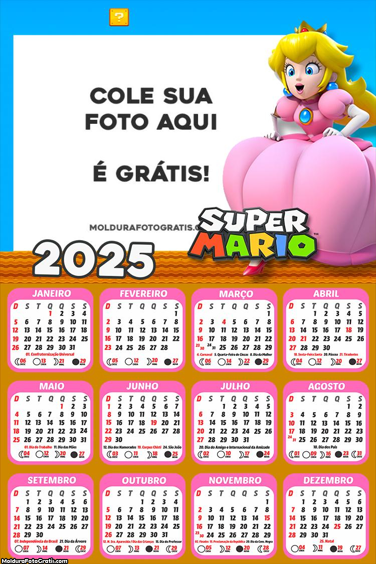 Calendário Princesa Super Mario 2025 Montagem para Foto