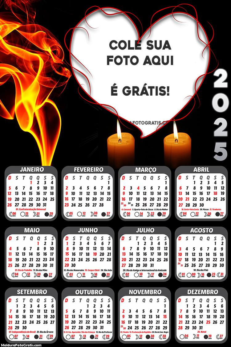 Calendário Coração e Velas 2025 Foto Montagem