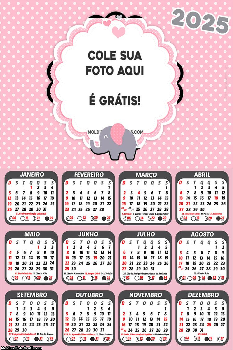 Calendário Elefantinho Rosa e Cinza 2025 Foto Montagem