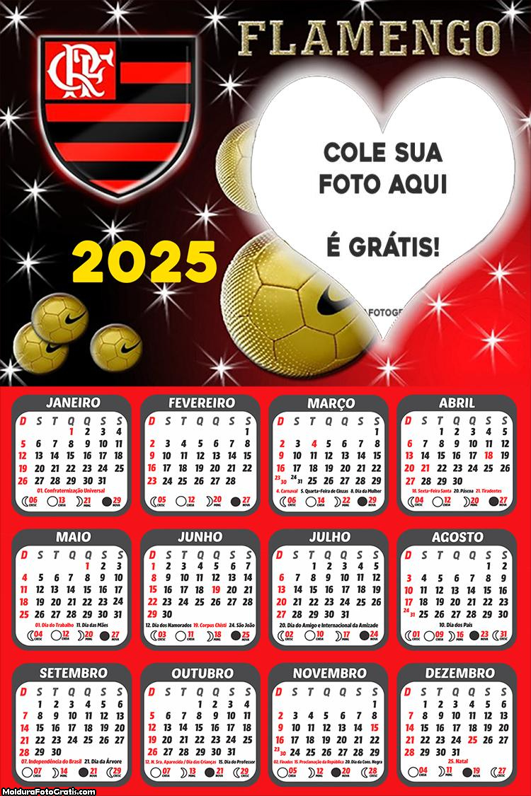 Calendário Coração Flamengo 2025 Foto Montagem