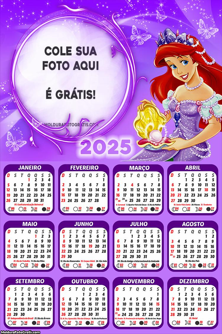 Calendário Ariel Lilás 2025 Colar Foto