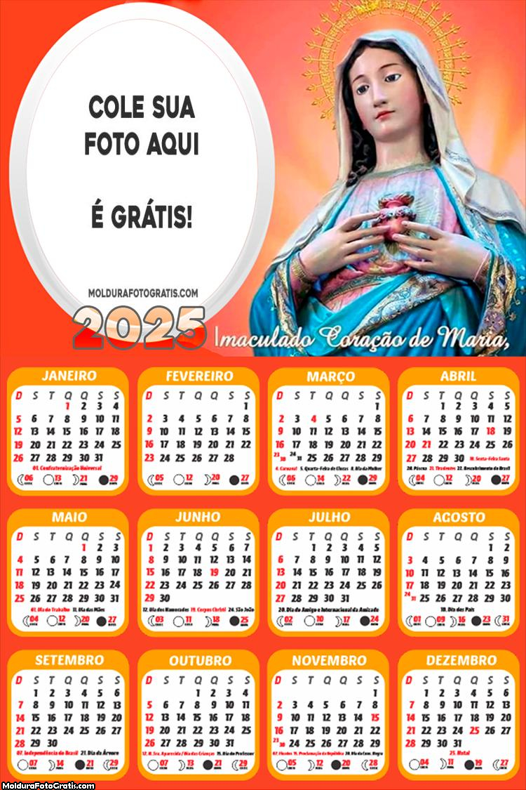 Calendário Imaculado Coração de Maria 2025 Montagem Grátis