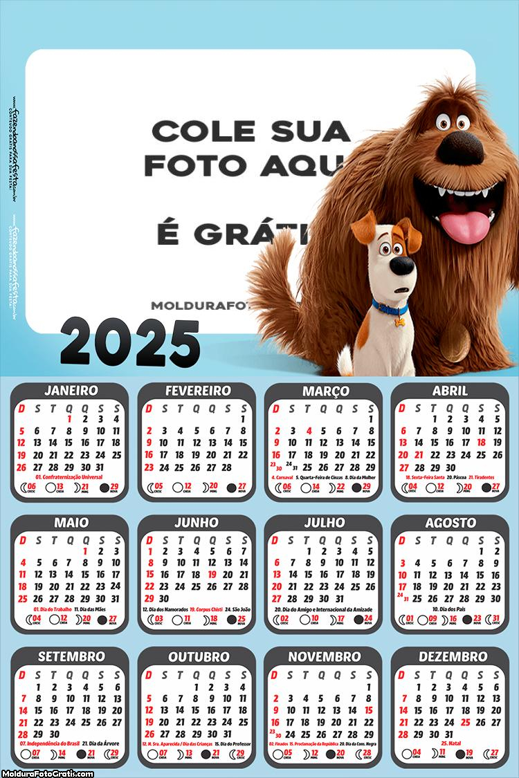 Calendário Pets A Vida Secreta dos Pets 2025 Montagem para Foto