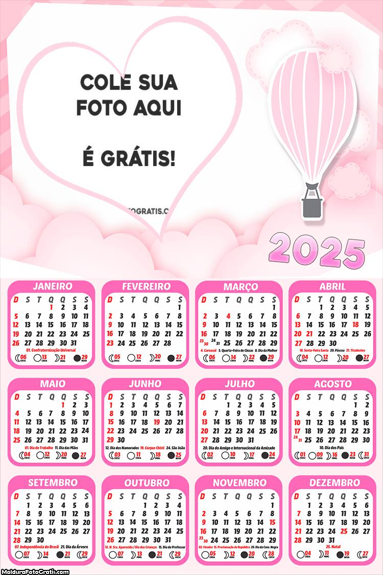 Calendário Balão de Ar Rosa 2025 Foto Online