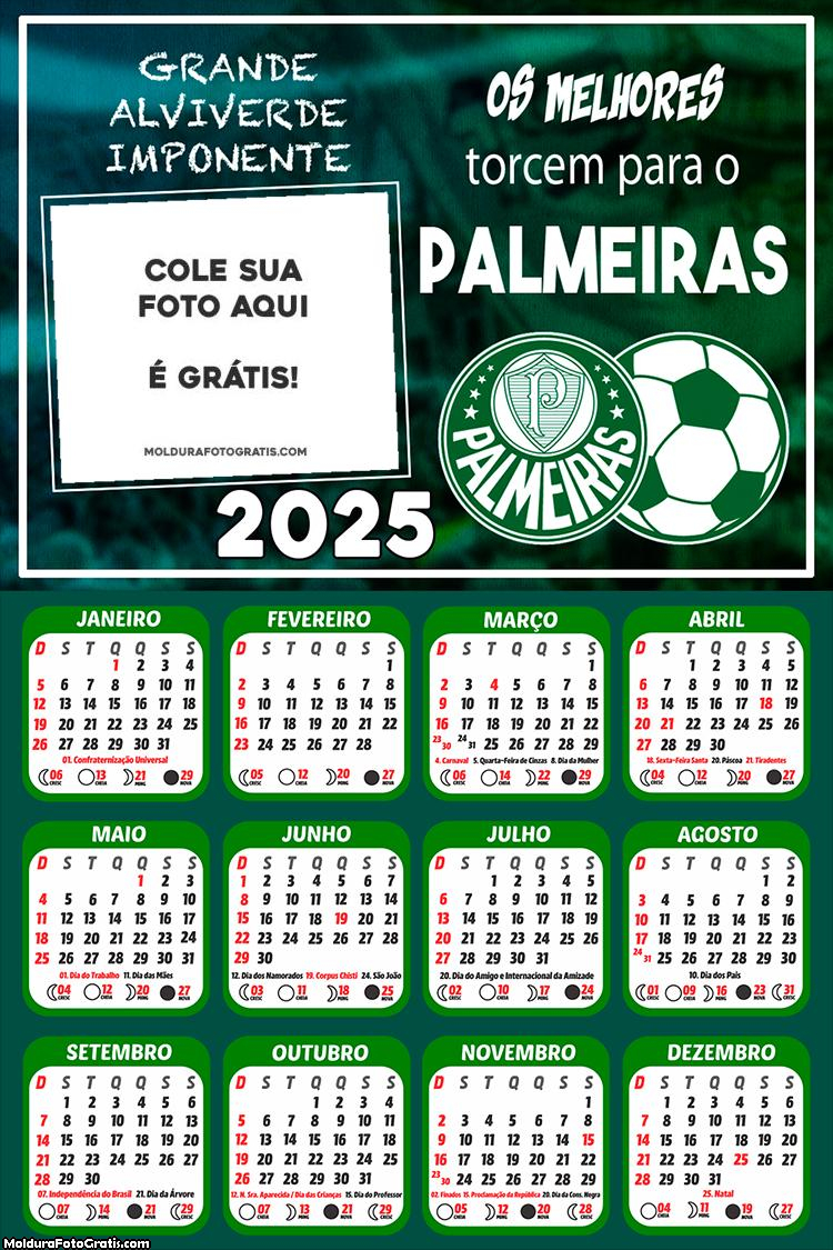 Calendário Palmeiras 2025 Futebol Colagem de Foto