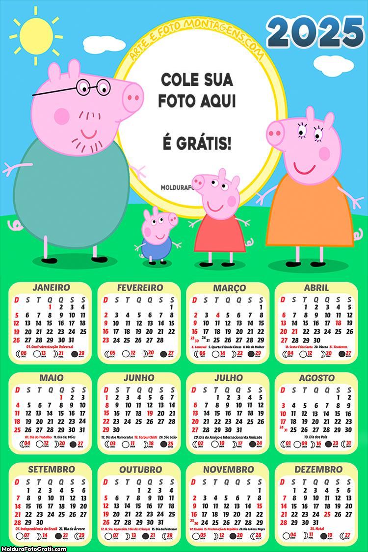 Calendário Peppa Pig Família 2025 Colagem de Foto