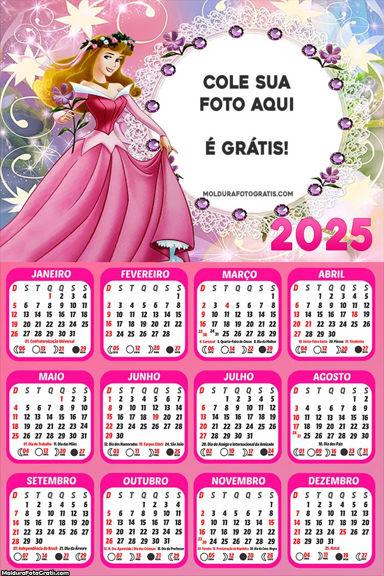 Calendário Princesa Aurora 2025 Montagem Grátis