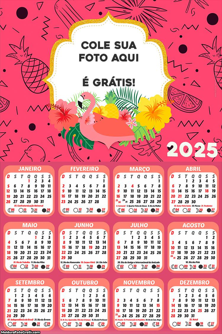 Calendário Flamingo Rosa para Meninas 2025 Montagem Grátis