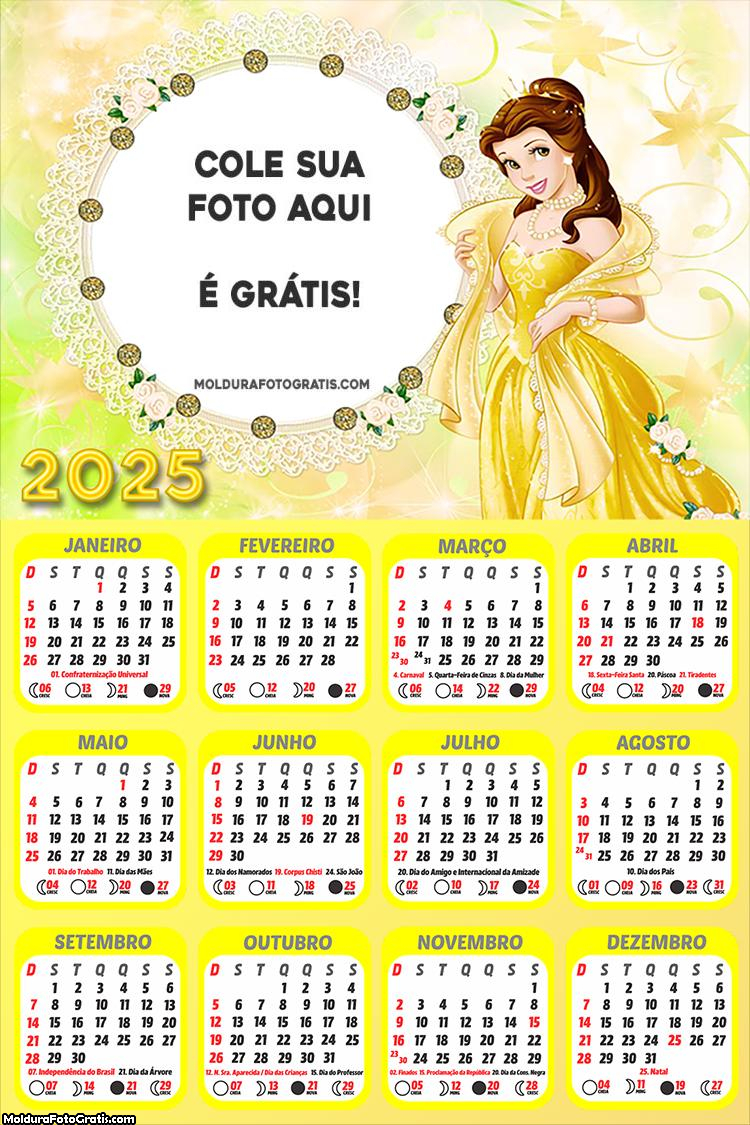 Calendário Princesa Bela 2025 Montagem Grátis