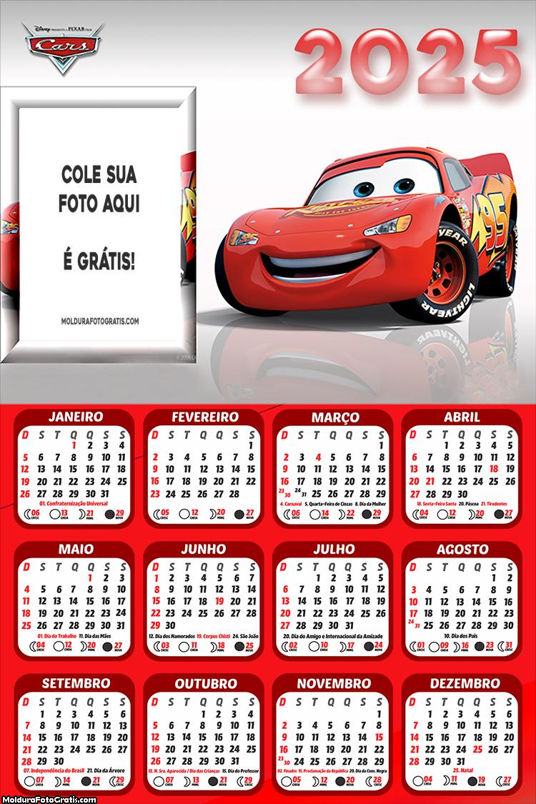 Calendário Relâmpago McQueen 2025 Montagem para Foto