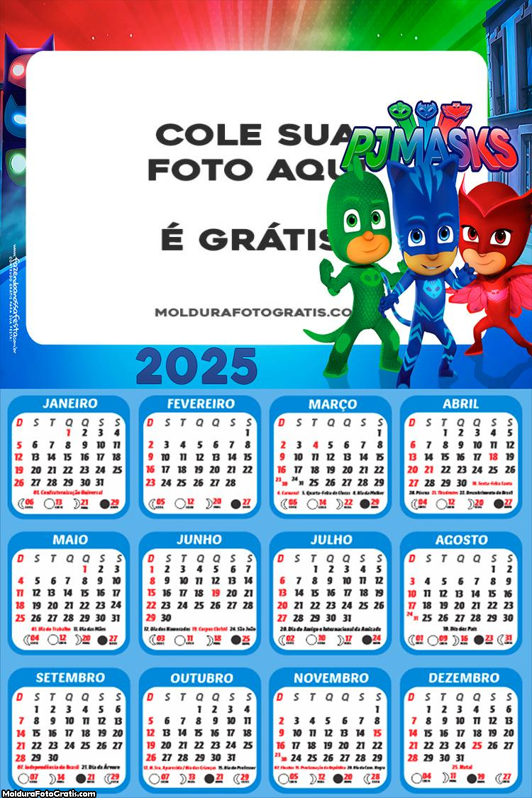 Calendário PJ Masks Infantil 2025 Colagem de Foto