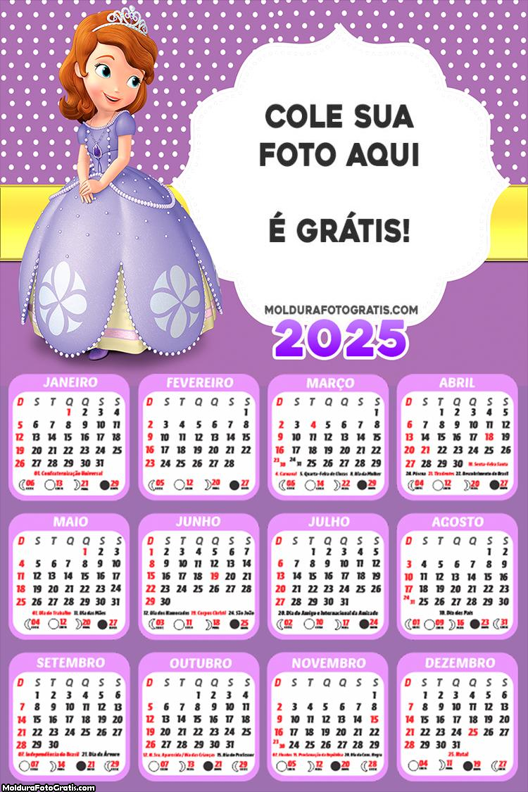 Calendário Princesa Sofia 2025 Montagem Grátis