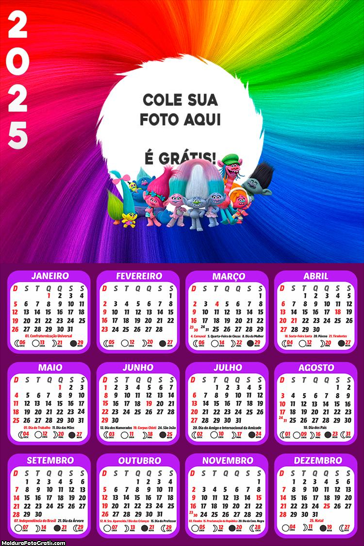 Calendário Trolls 2025 Montagem Grátis