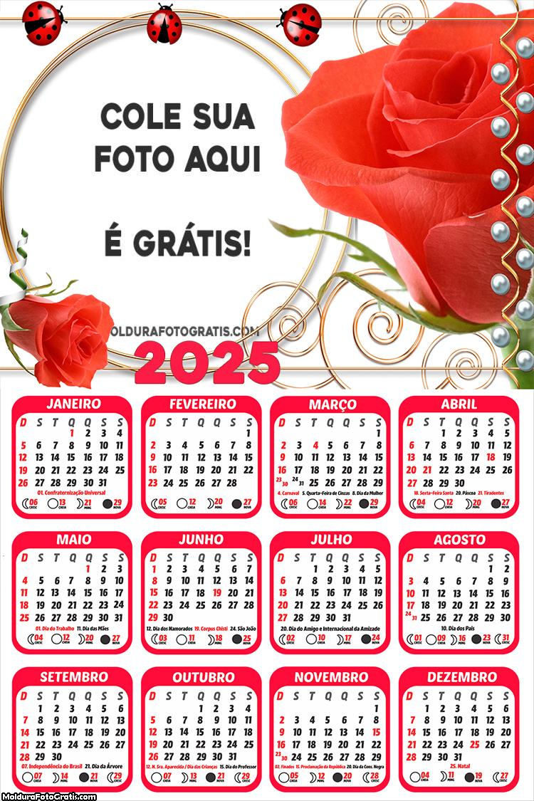 Calendário Rosa Vermelha 2025 Montagem Grátis