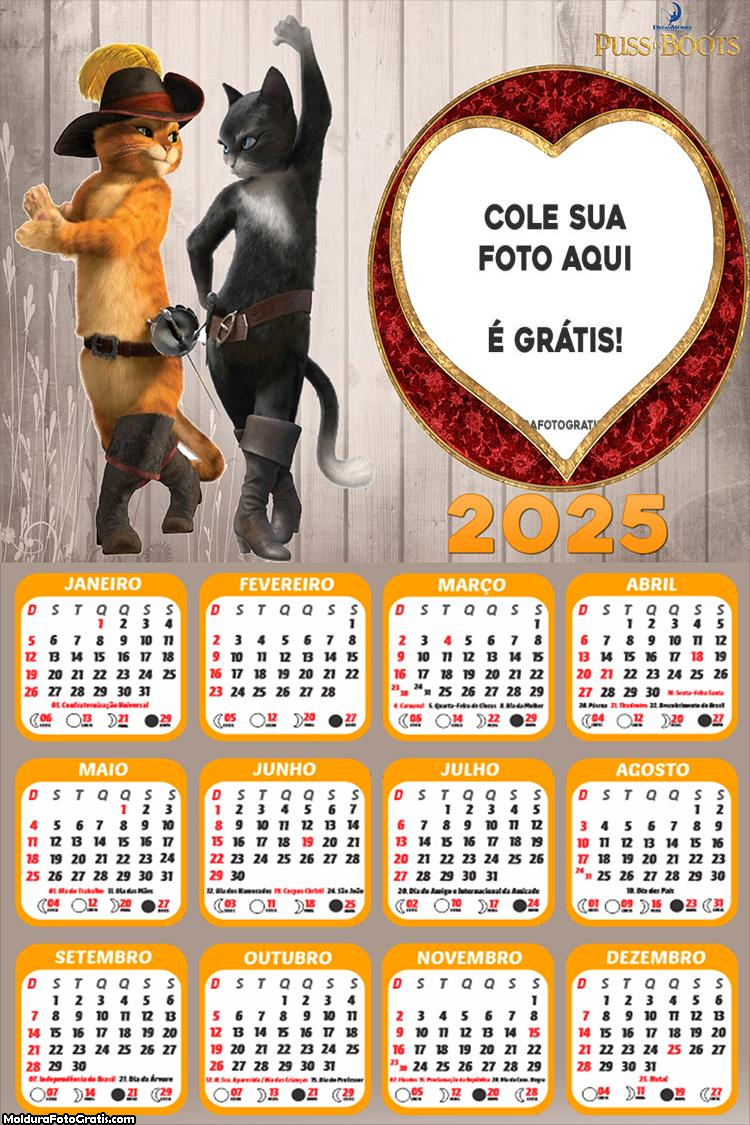 Calendário Gato de Botas 2025 Foto Montagem