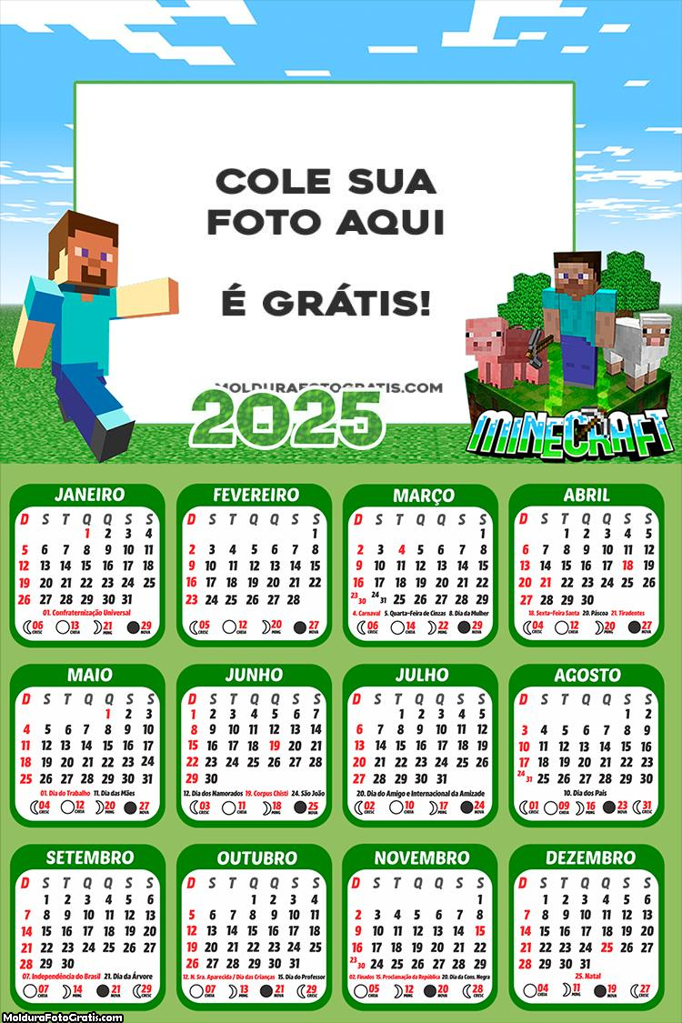 Calendário Minecraft 2025 Foto Montagem