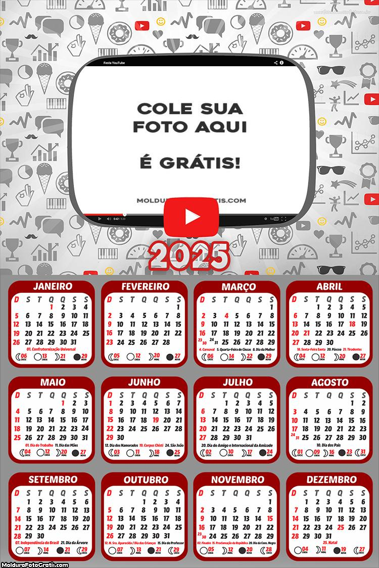 Calendário Tema Youtube 2025 Montagem Grátis