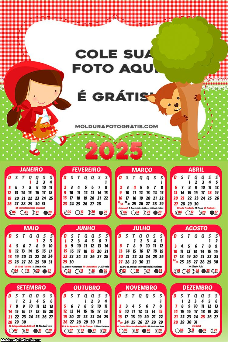 Calendário Chapeuzinho Vermelho Cute 2025 Foto Montagem