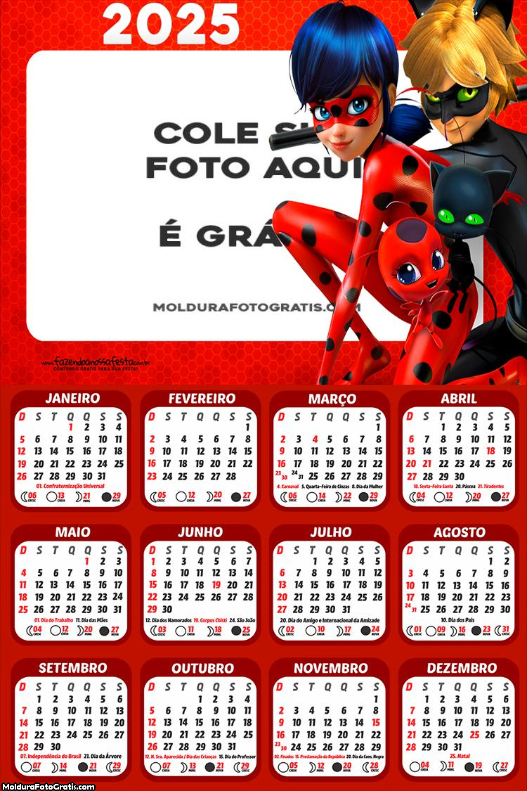 Calendário Ladybug e CatNoir 2025 Montagem Grátis