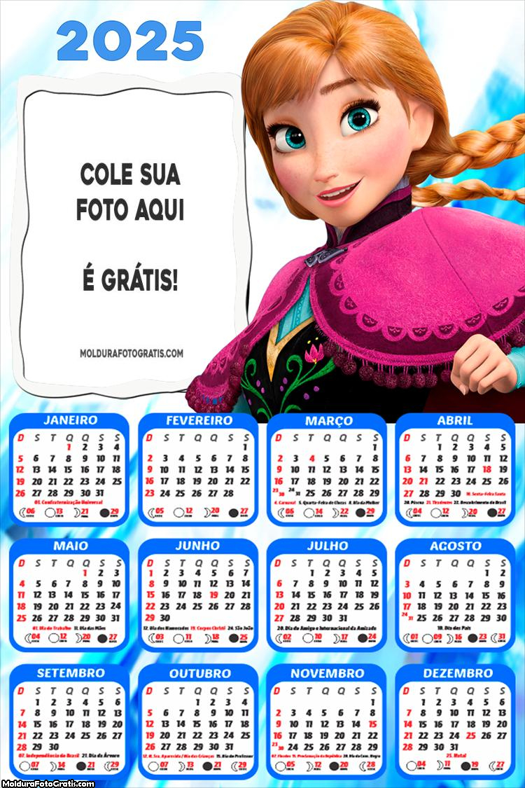 Calendário Princesa Anna Frozen 2025 Montagem para Foto