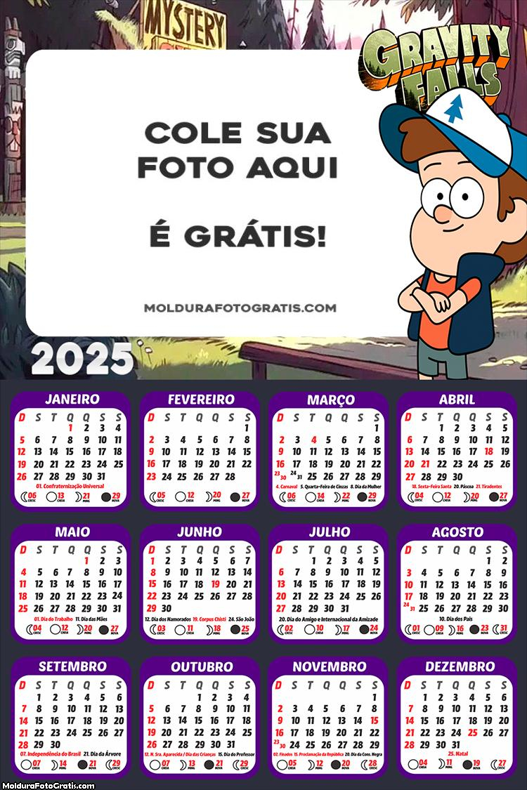 Calendário Dipper Gravity Falls 2025 Montagem para Foto