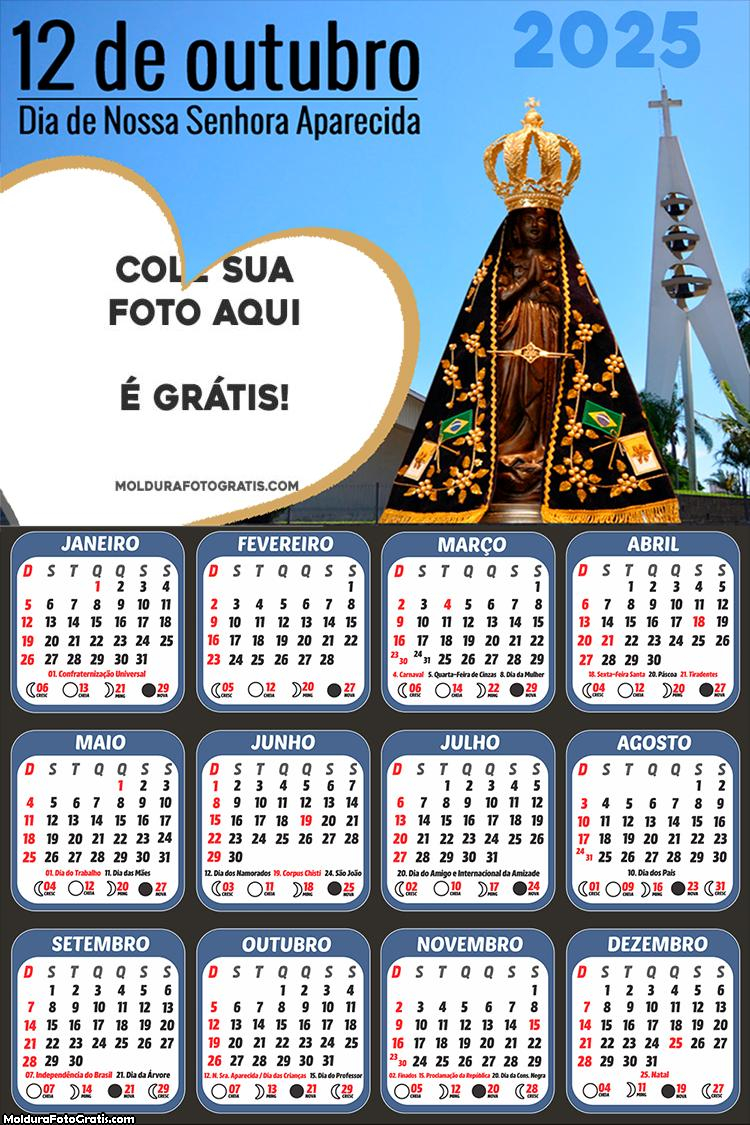 Calendário 12 de Outubro Nossa Senhora da Aparecida 2025