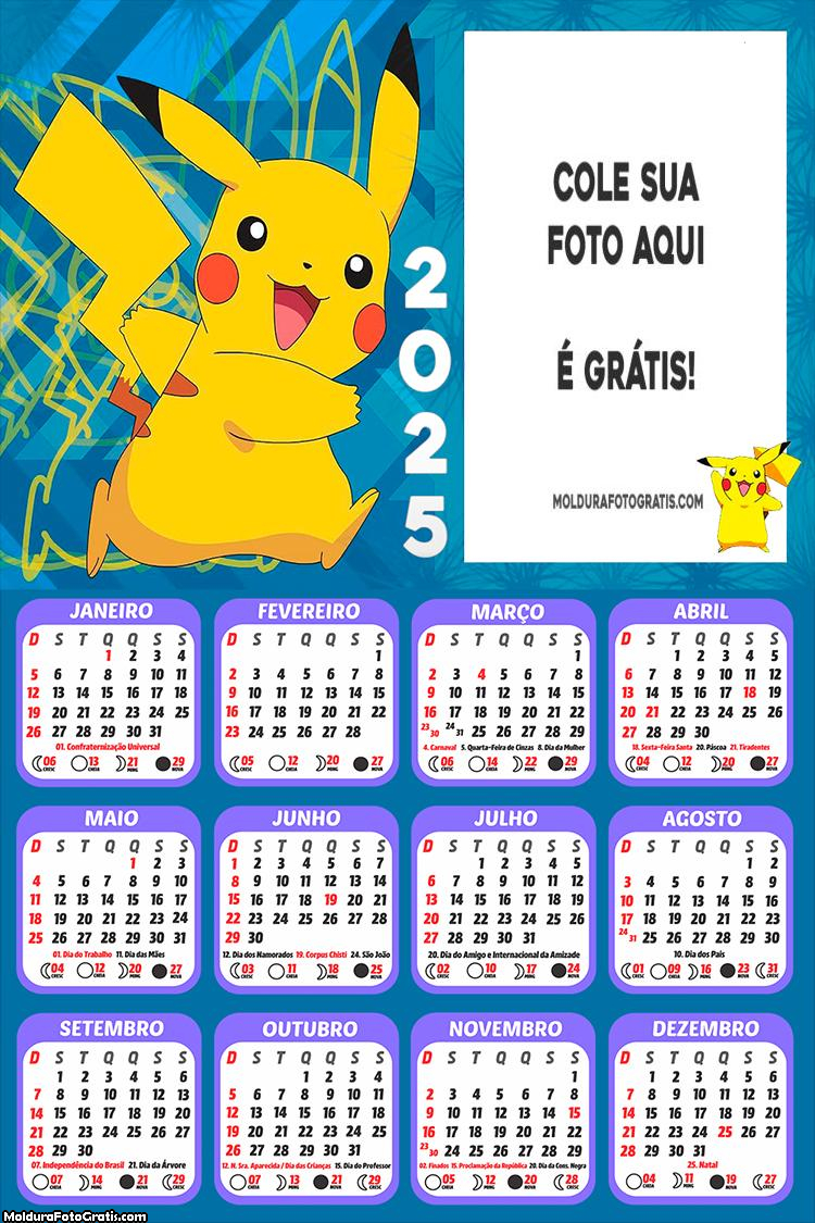 Calendário Pikachu Pokémon 2025 Montagem Grátis