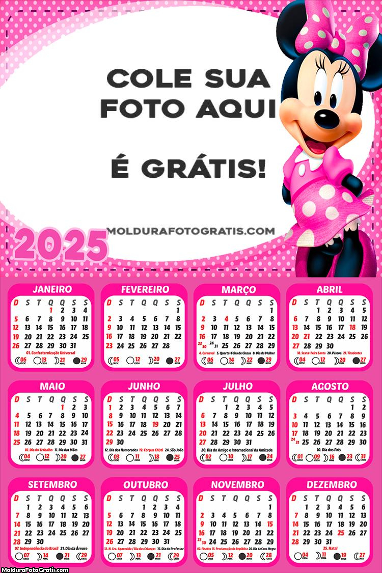 Calendário Minnie Vestido Rosa 2025 Foto Montagem