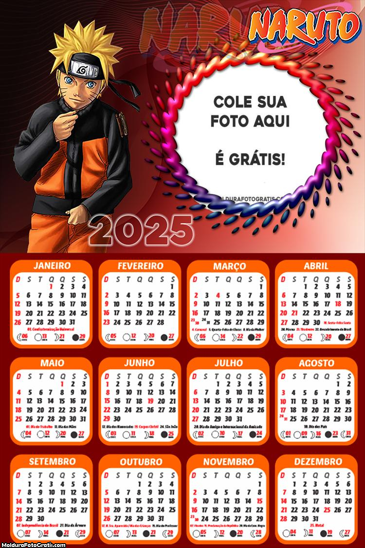 Calendário Naruto Shippuden 2025 Montagem Grátis