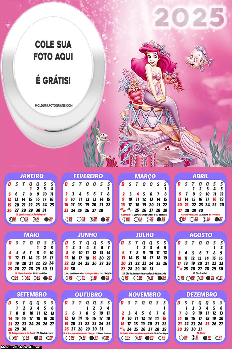 Calendário Ariel Pequena Sereia Rosa 2025 Foto Montagem