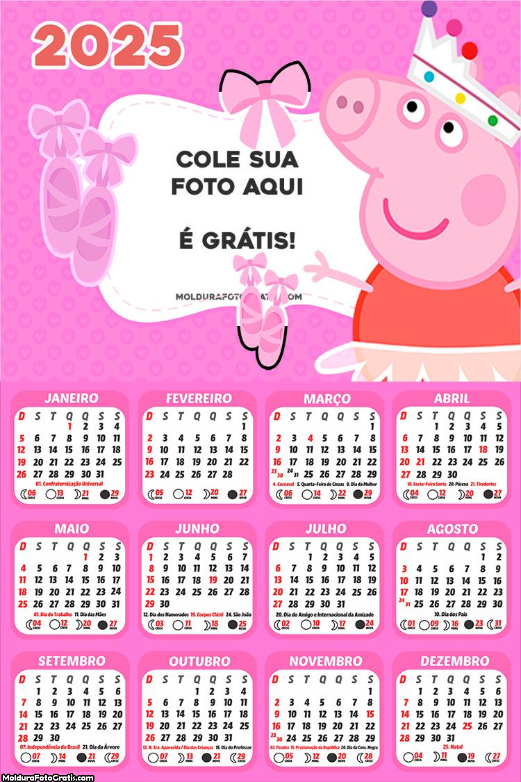 Calendário Peppa Pig Bailarina 2025 Montagem para Foto