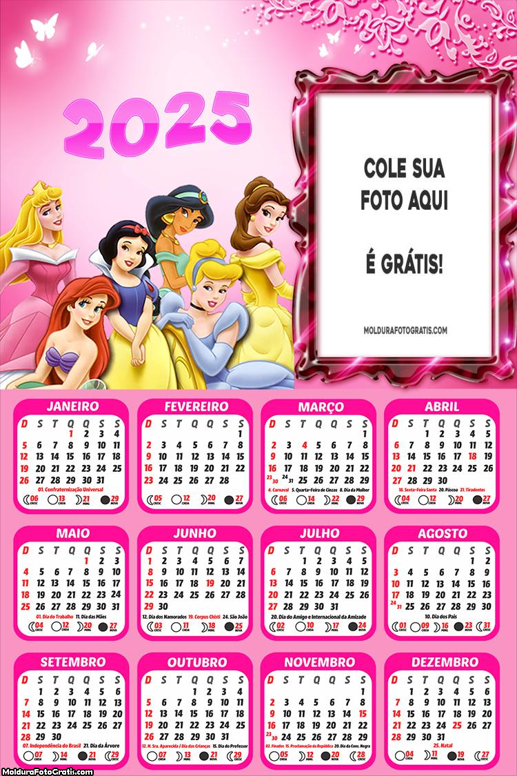 Calendário Princesas da Disney 2025 Montagem Grátis