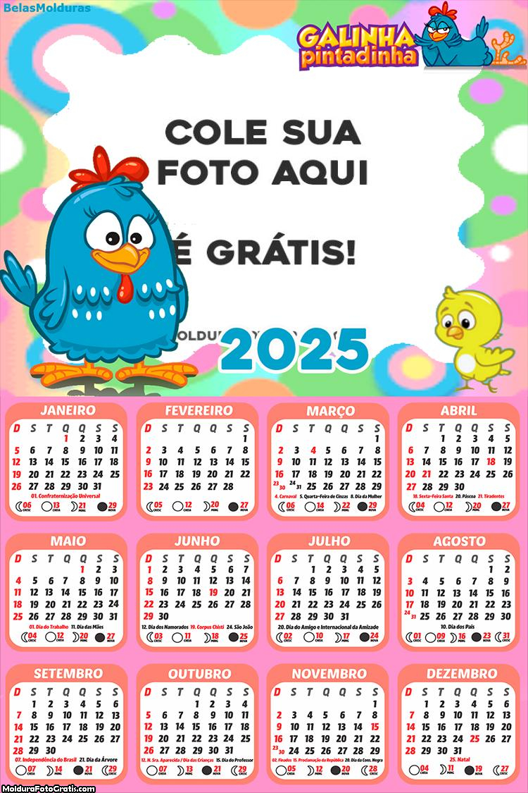 Calendário da Galinha Pintadinha Rosa 2025 Foto Montagem