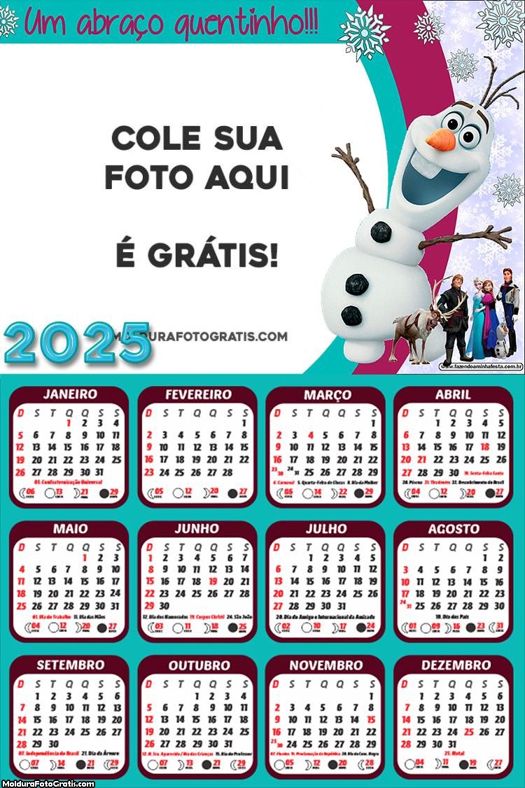 Calendário Olaf Frozen 2025 Montagem para Foto